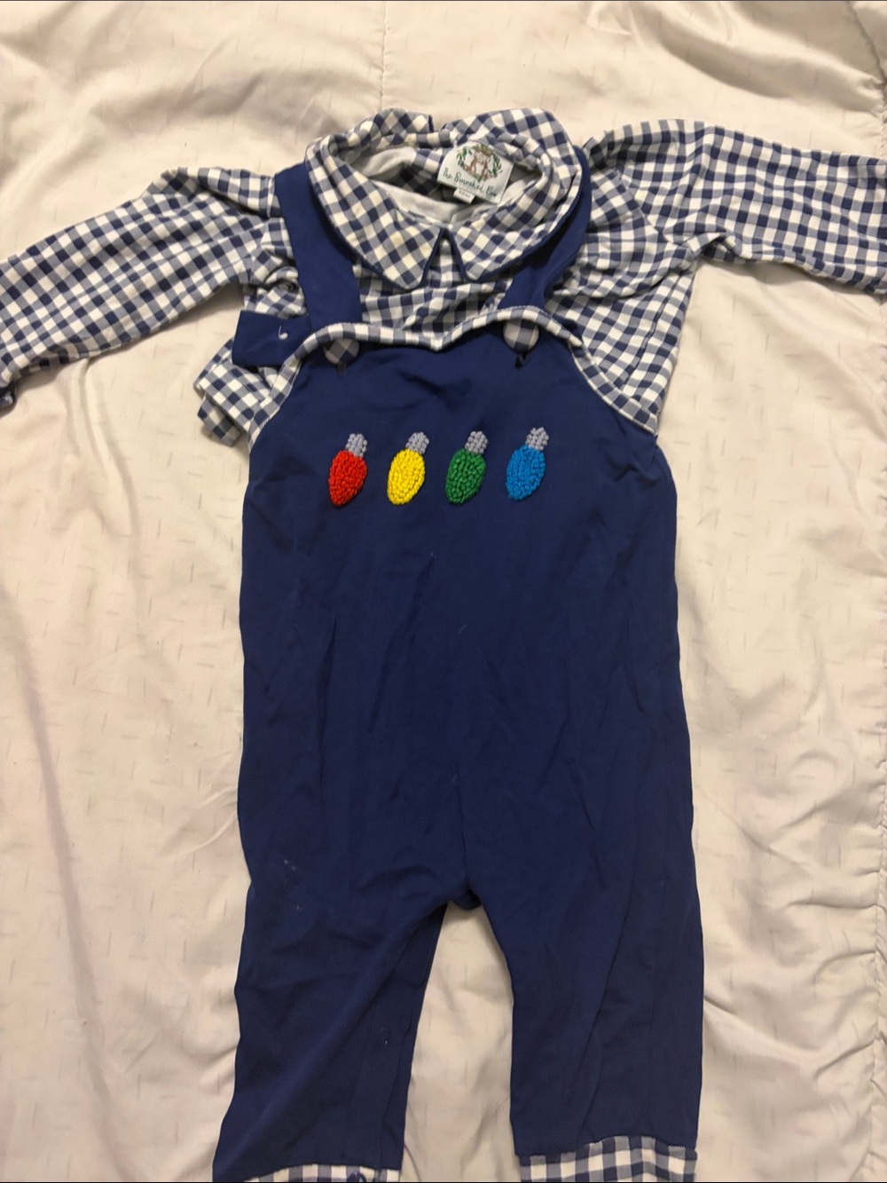 Children's Navy Suspenders Romper with Colorful Light Bulb Appliqués